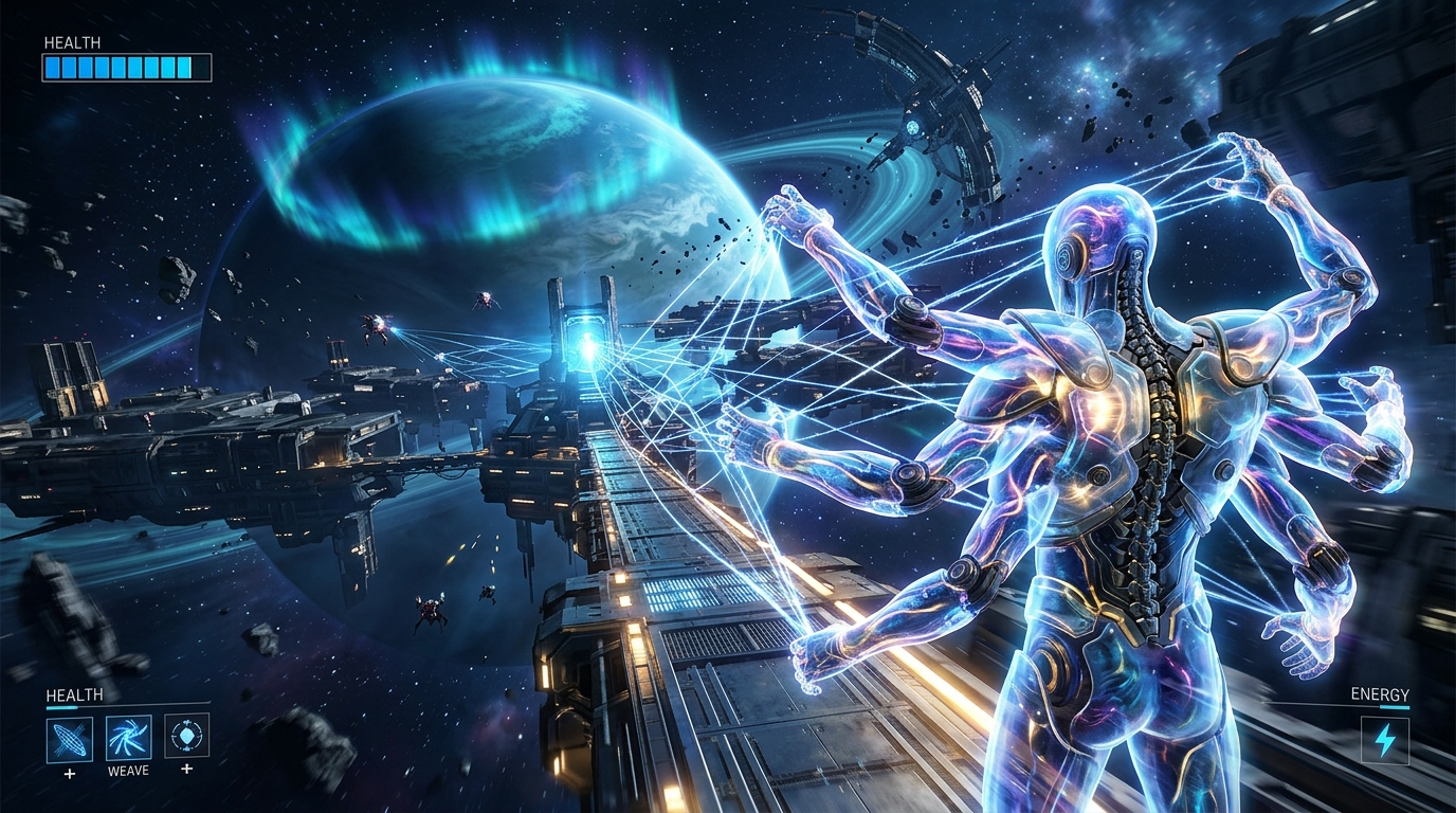 Octochron gameplay: The avatar aiming its biomechanical tensegrity arms to cast a Mudra in a visceral combat scenario.