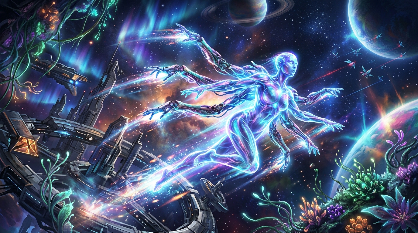 Octochron gameplay: An immersive view of the cyber-mystical avatar flying through deep space with atmospheric scattering and auroras.